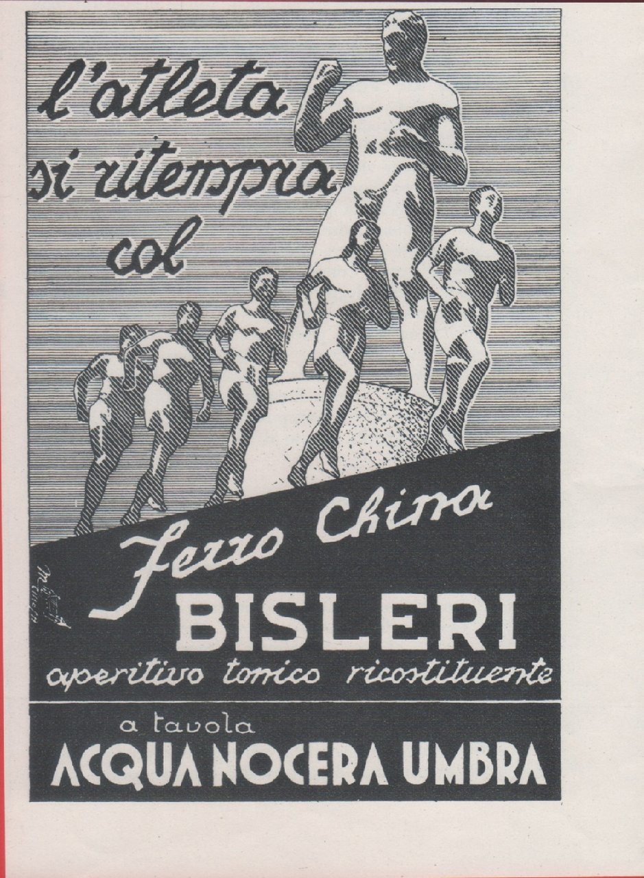 L'atleta si ritempra col ferro china Bisleri. Advertising 1935