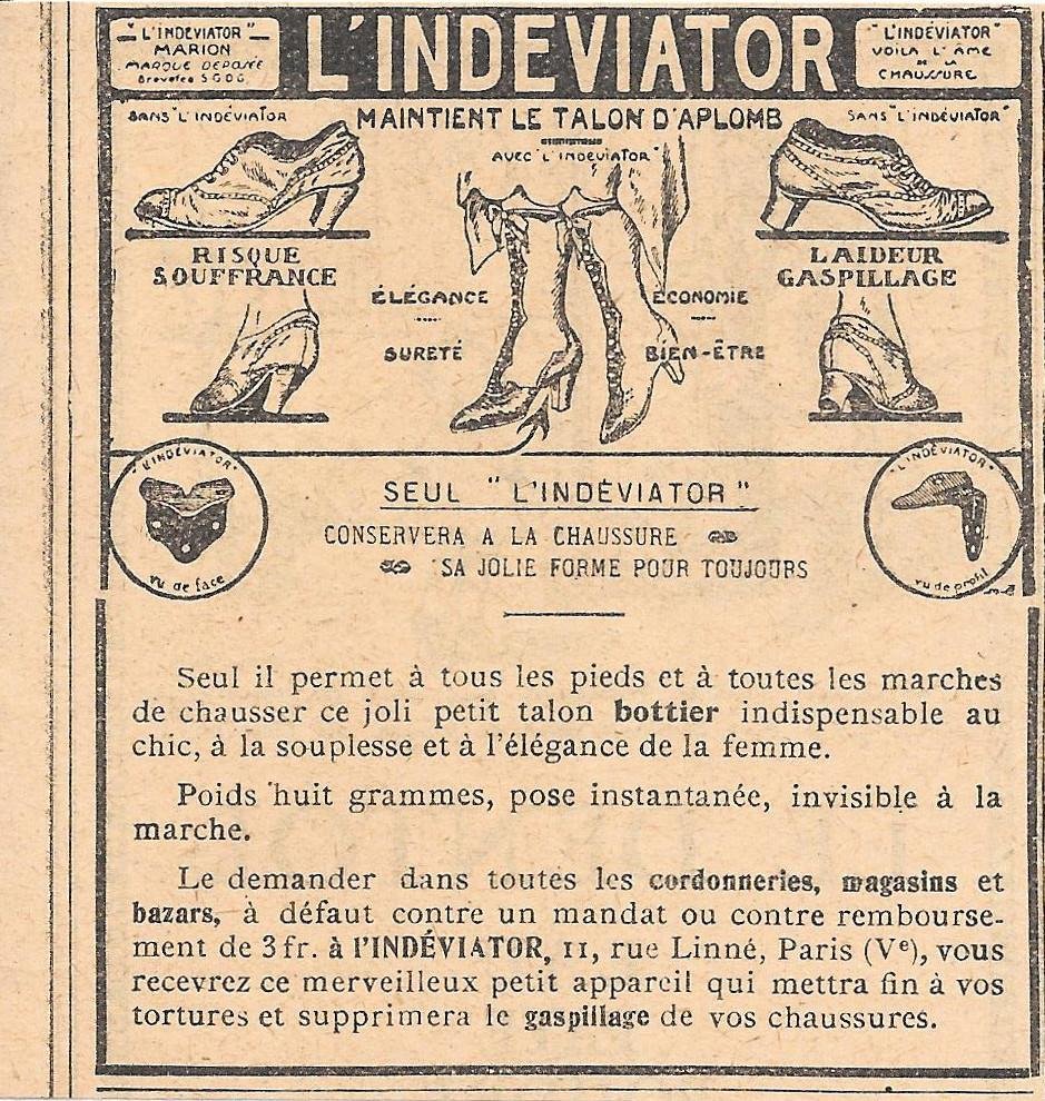 L'Indeviator maintienet le talon d'aplomb. Pubblicita 1923