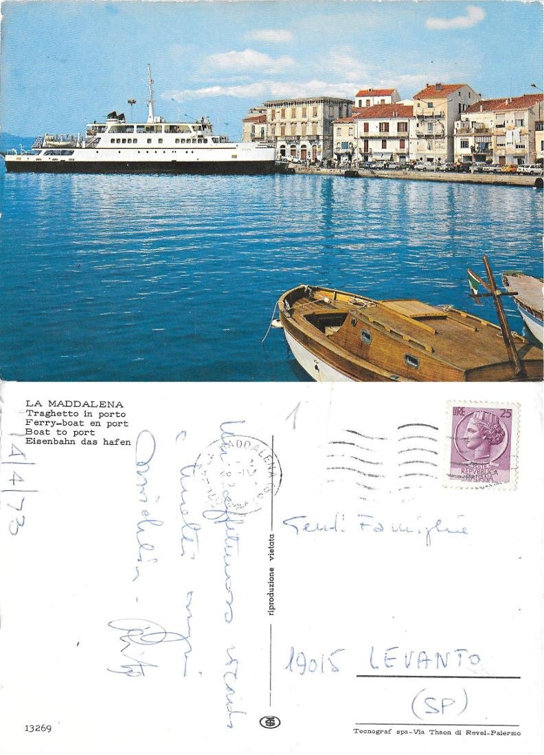 La Maddalena. Traghetto in porto. Viaggiata 1973