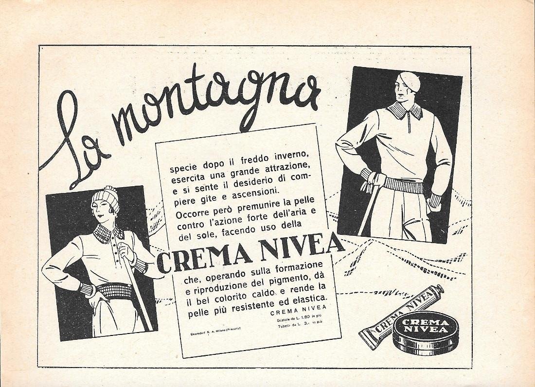 La montagna specie dopo il freddo... Crema Nivea. Advertising 1935