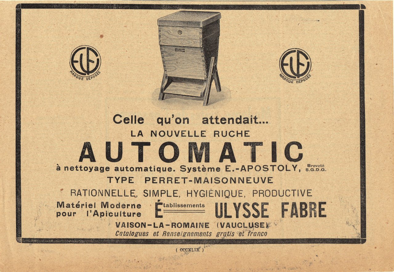 La nouvelle ruche Automatic. Et.ts Ulysse Fabre. Advertising 1926