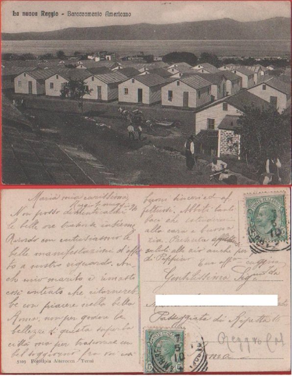 La nuova Reggio (Reggio Calabria). Baraccamento Americano. Viaggiata 1910. ed, Altercocca