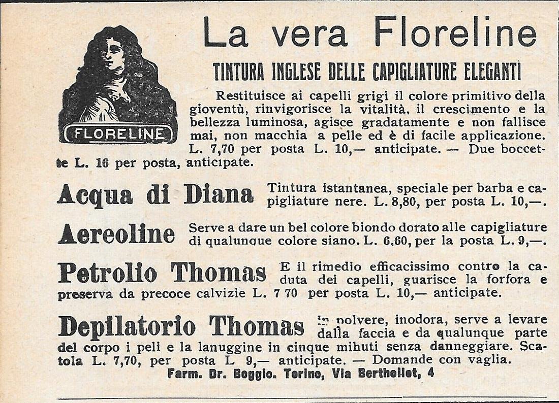 La Vera Floreline, tintura ingelse delle capigliature eleganti. Advertising 1923