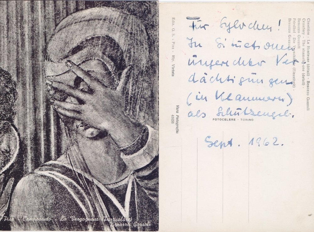 La vergogna (Benozzo Gozzoli). Pisa Camposanto. Viaggiata 1962