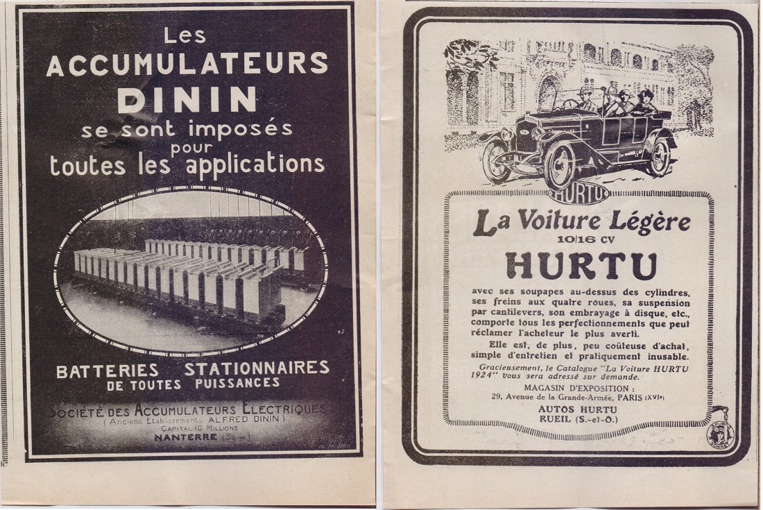 La voiture legere 10/16 CV Hurtu/Accumulateurs Dinin. Advertising 1924