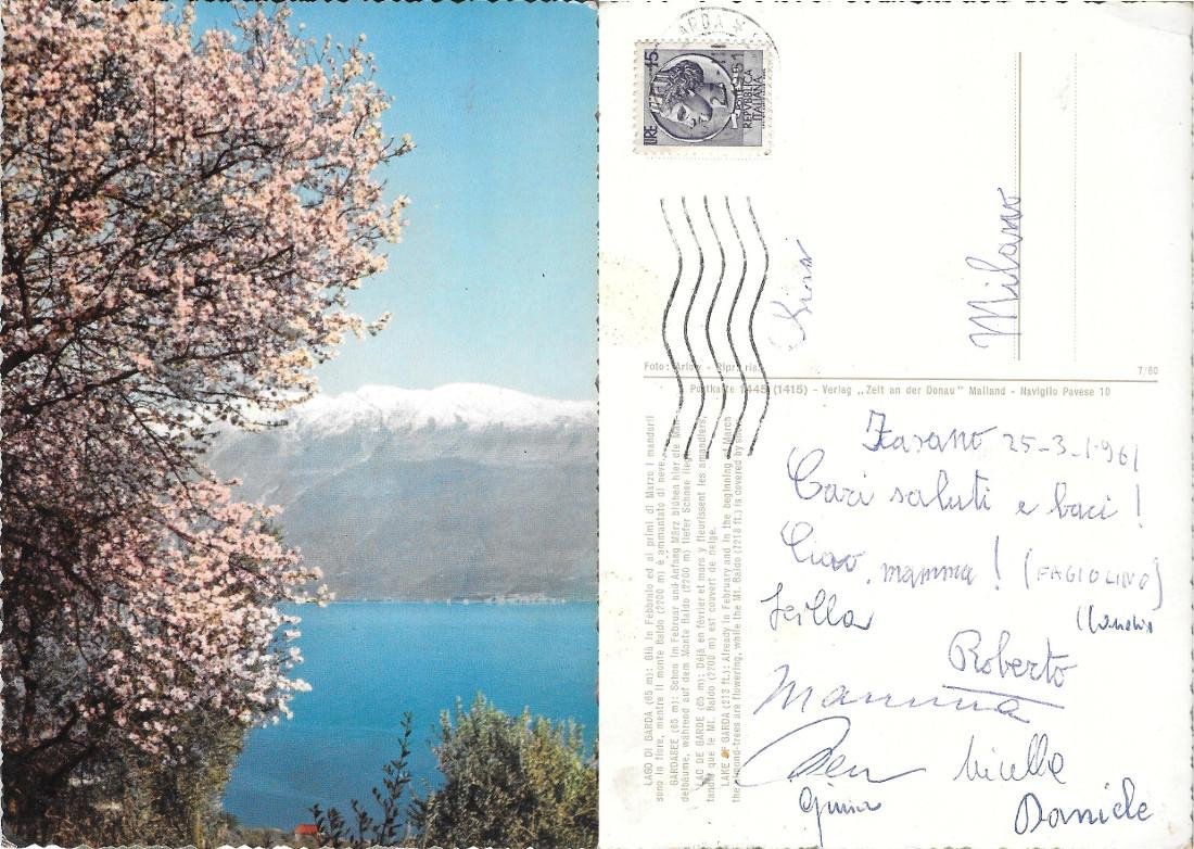 Lago di Garda. Mandorli in fiore e Monte Baldo. Viaggiata …