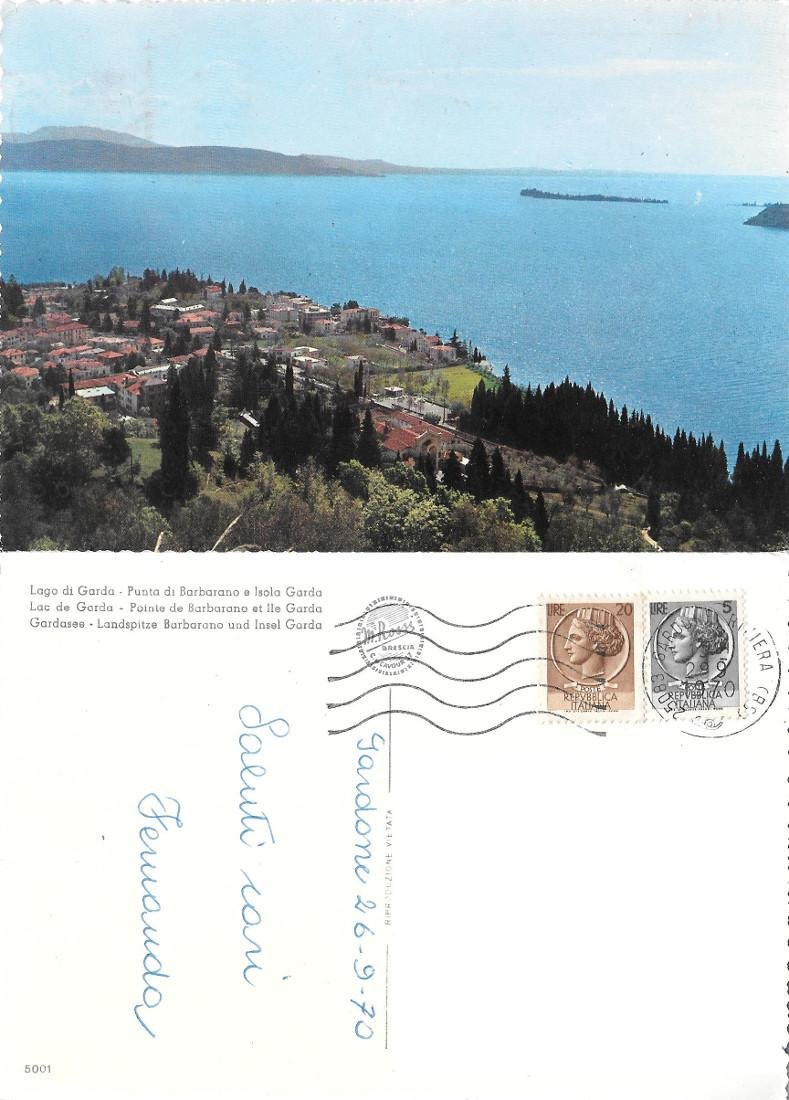 Lago di Garda. Punta Barbarano e Isola Granda. Viaggiata 1970