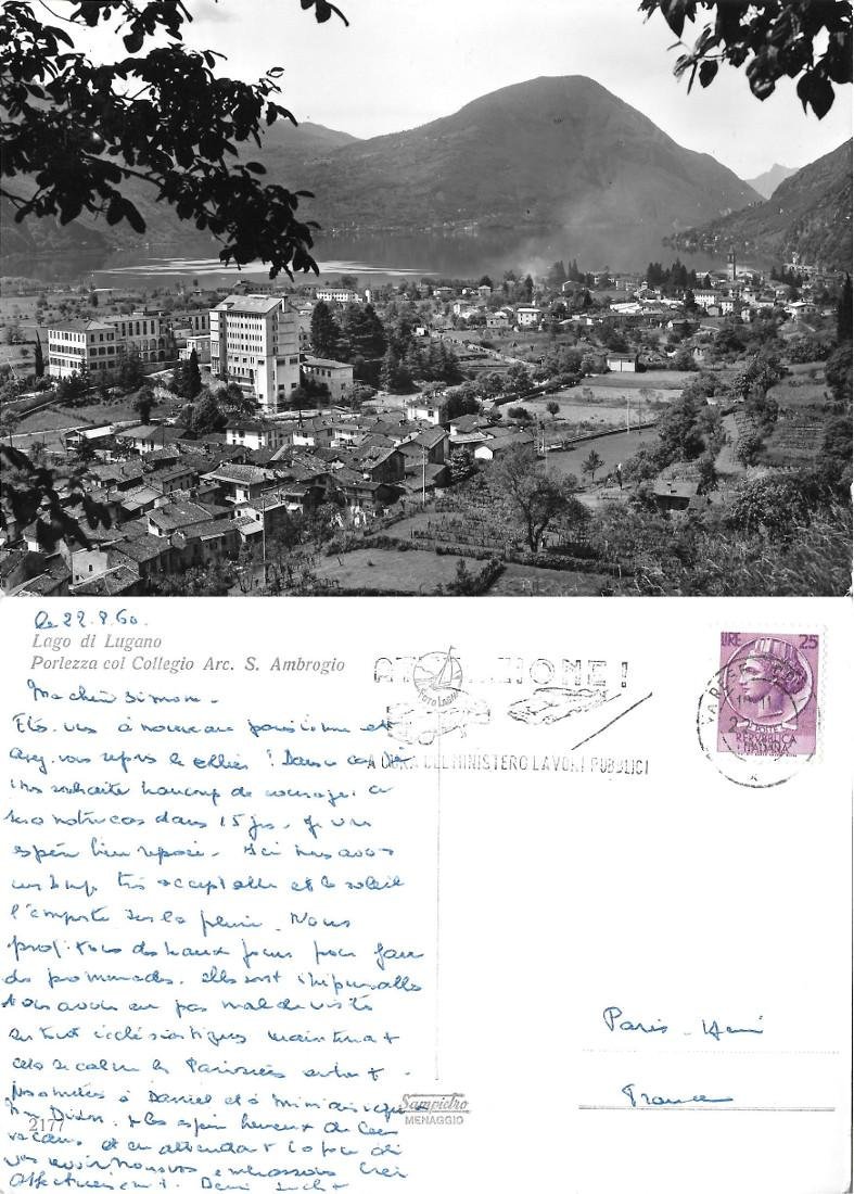 Lago di Lugano. Porlezza col Collegio Arc. S. Ambrogio. Viaggiata …