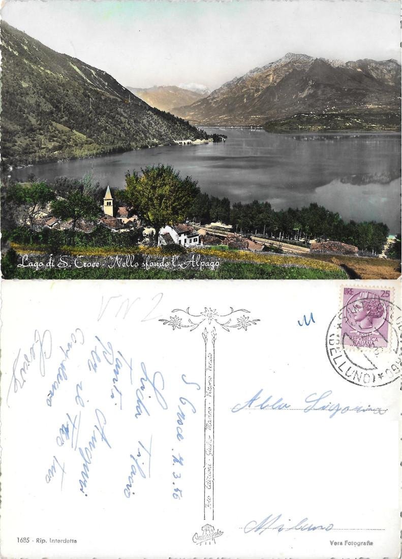 Lago di S. Croce. Nello sfondo l'Alpago. Viaggiata 1956