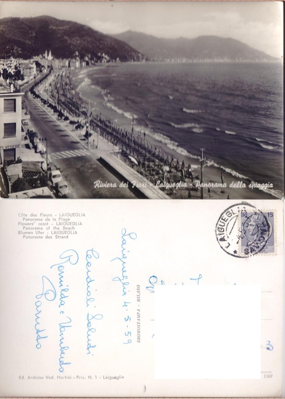 Laigueglia. Panorama della spiaggia. Viaggiata 1959