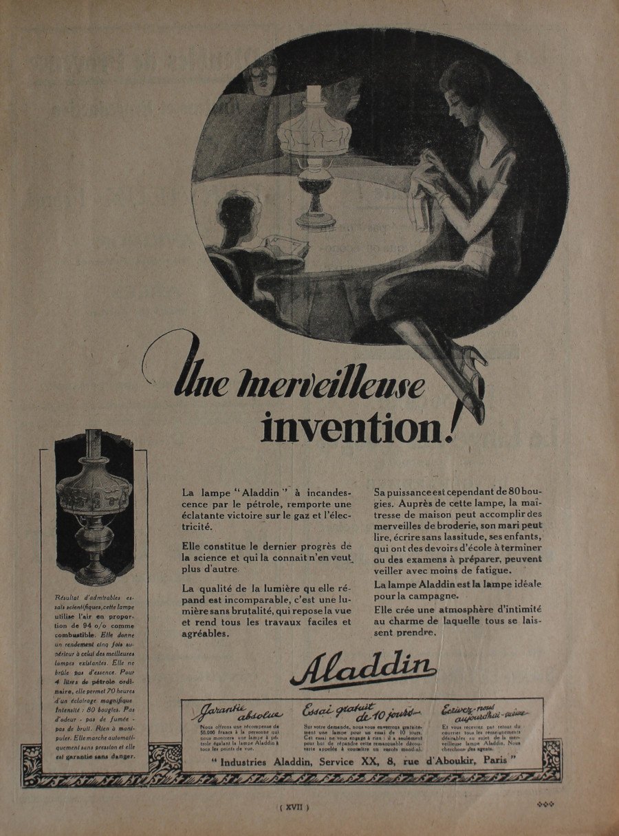 Lampe Aladdin, une merveilleuse invention!. Advertising 1926