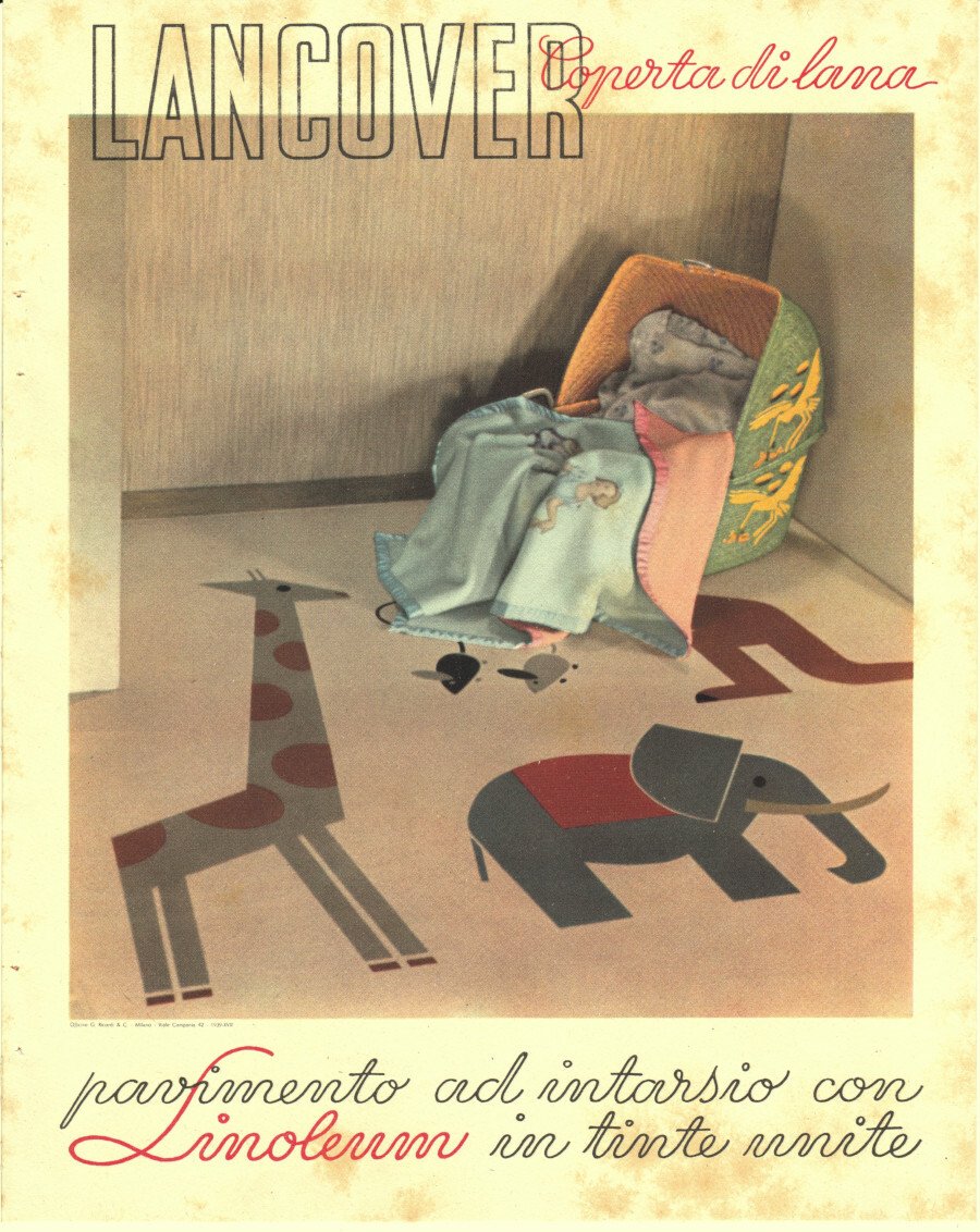 Lancover coperta di lana, pavimento Linoleum ad intarsio. Advertising 1937