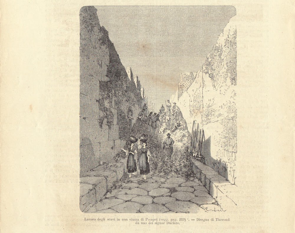 Lavoro degli scavi in una viuzza di Pompei. Illustrazione 1864