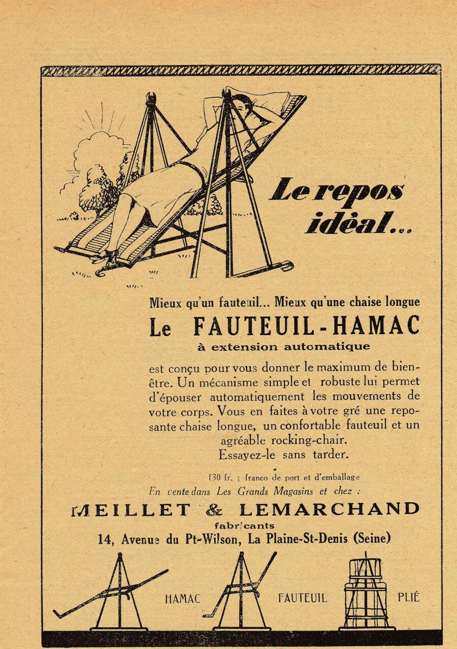 Le fauteul-Hamac Meillet&amp; Lemarchand. Advertising 1927