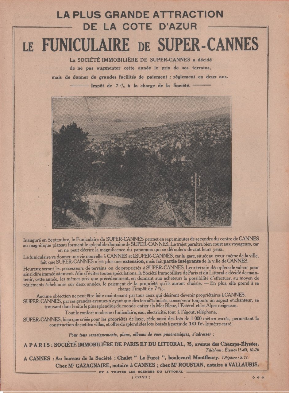 Le Funiculaire de Super-Cannes. Advertising 1928