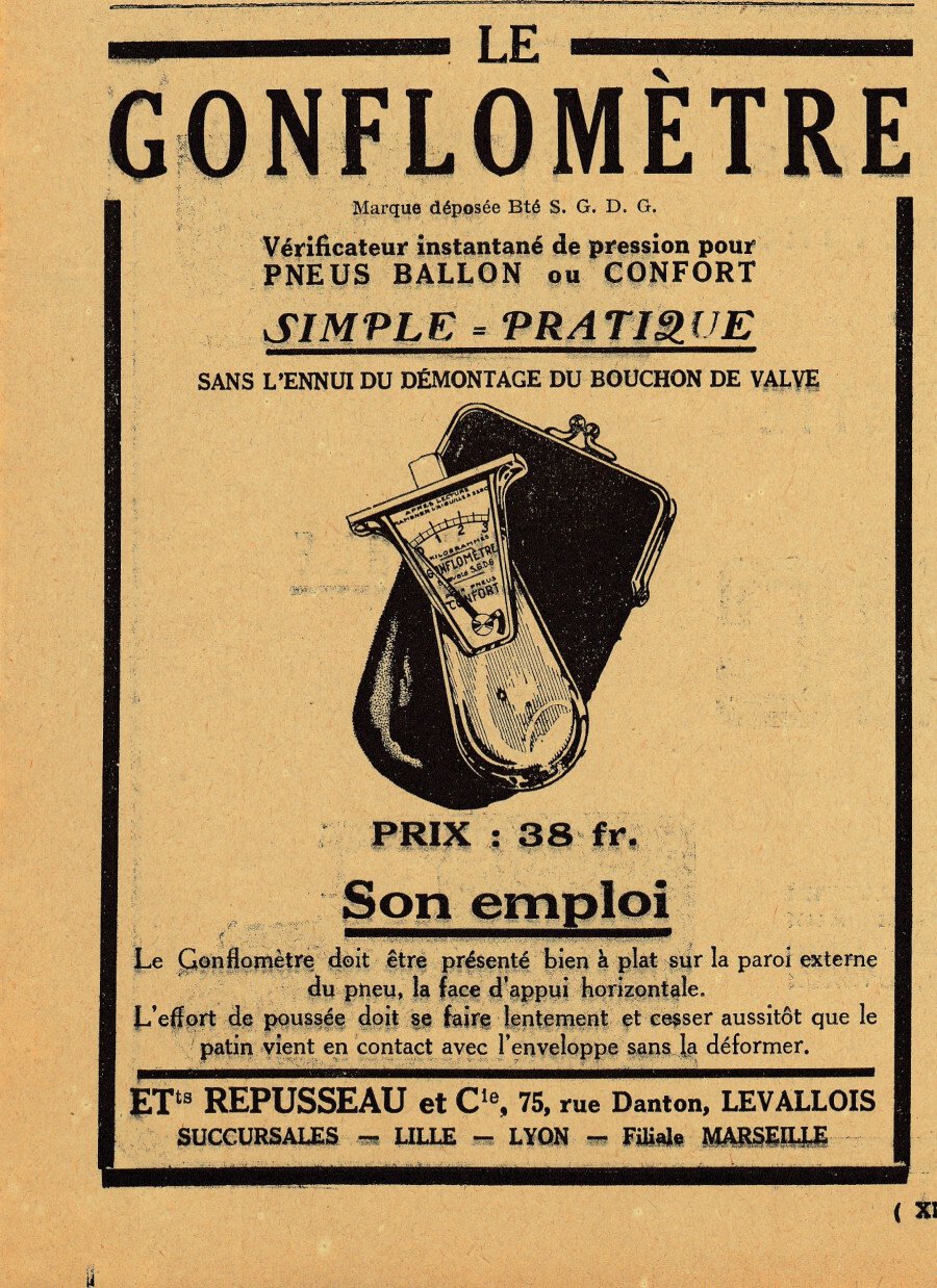 Le Gonflometre simple, pratique. E.ts Repusseau&amp;C.ie. Advertising 1927