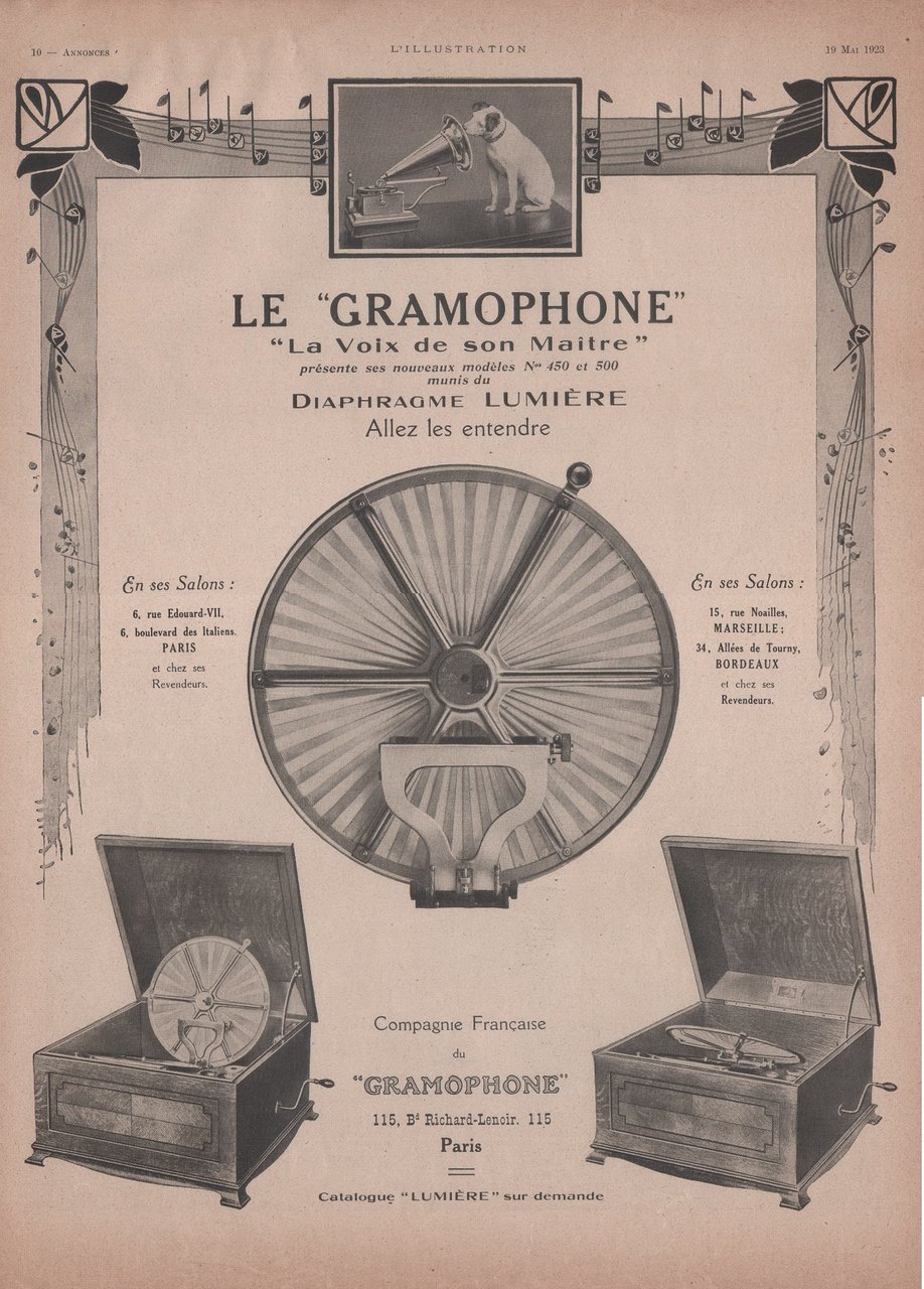 Le gramophone. La voix de son maitre. Advertising 1923