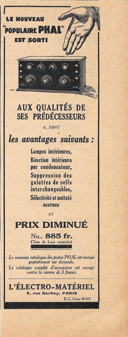 Le nouveau Populaire PHAL est sorti. L'électro-Matériel, Paris. Pubblicita 1926 | Immagine principale