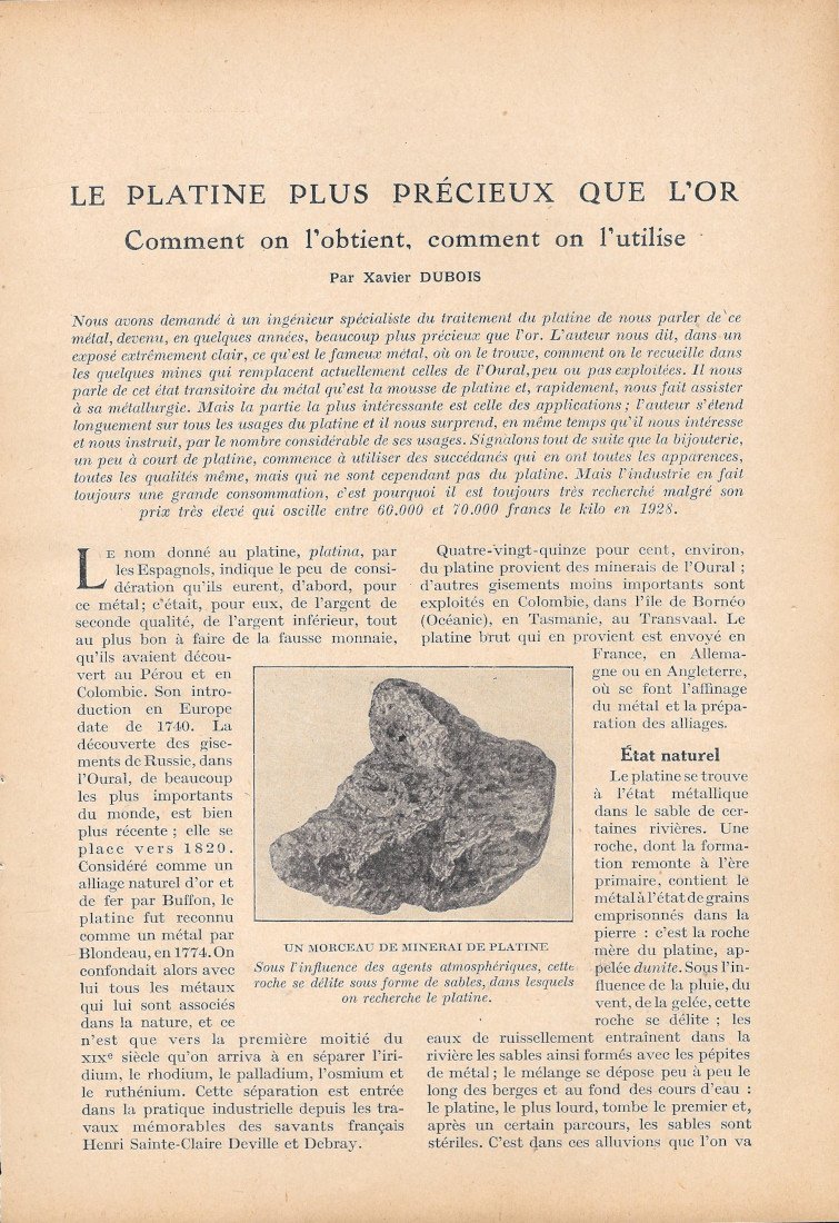 Le platine plus précieux que l'or - estratto 1928