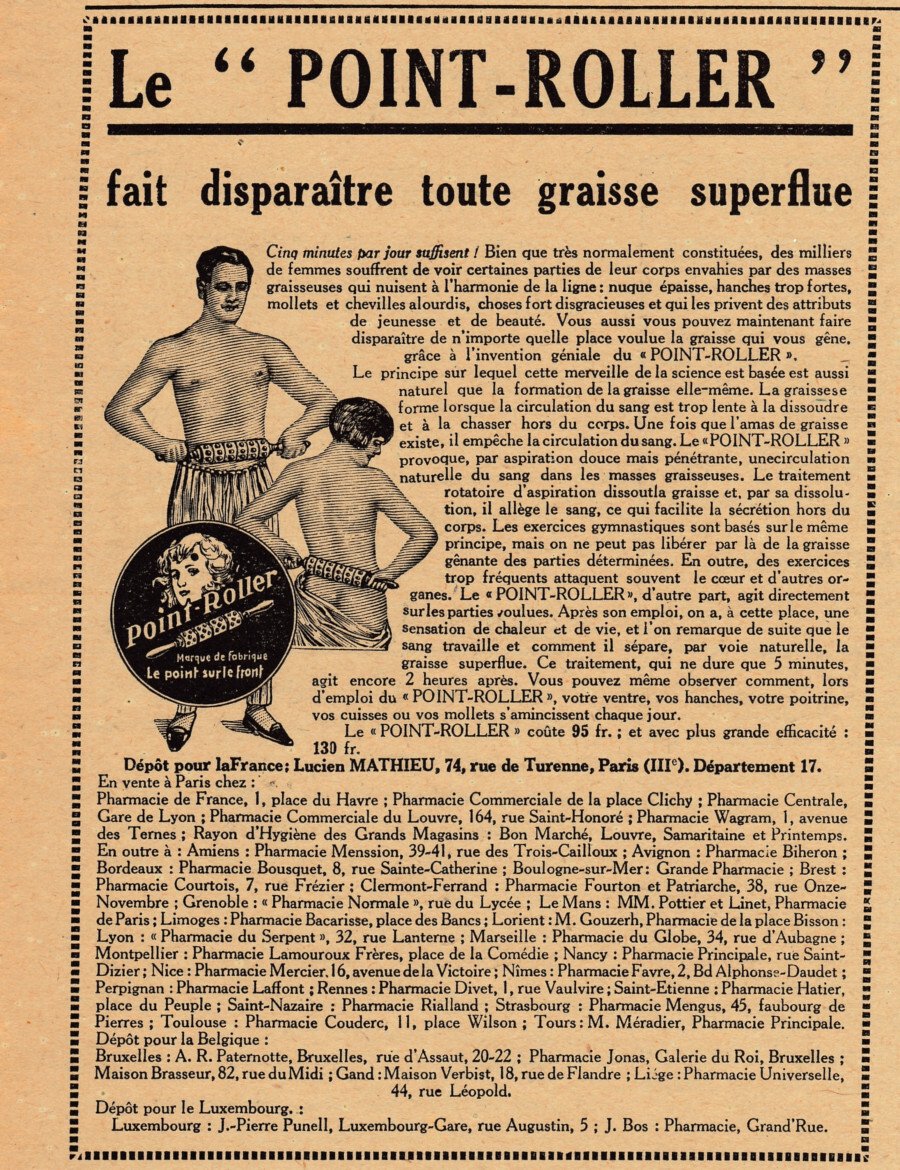 Le Point-Roller fait disparaitre toute graisse superflue. Advertising 1927