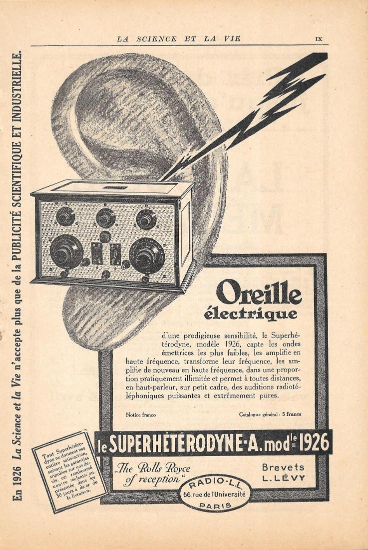 Le Superheterodybe A, Oreille eletrique. Radio L.L. Paris. Pubblicità 1926