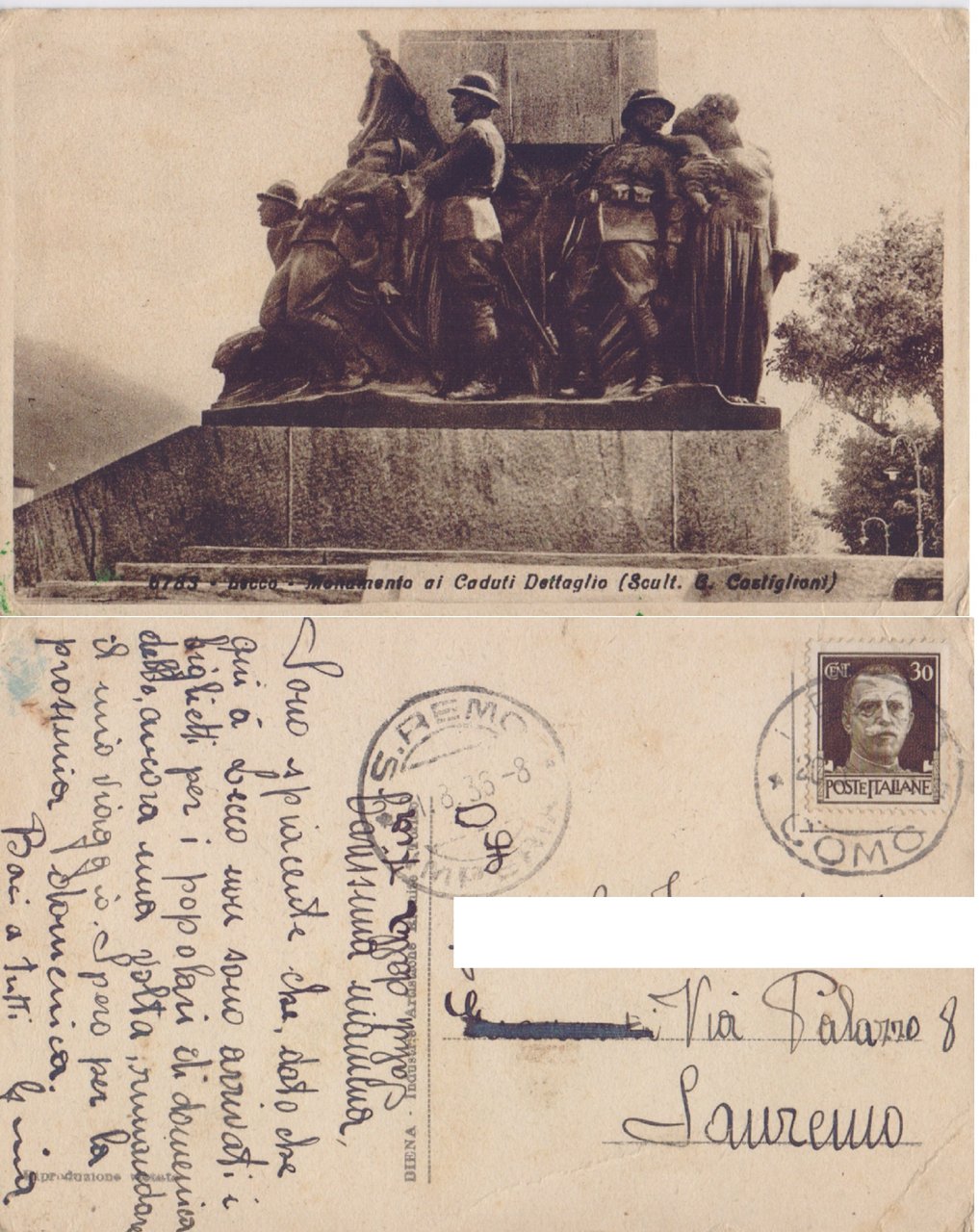 Lecco. Monumento ai caduti. Dettaglio. Viaggiata 1935