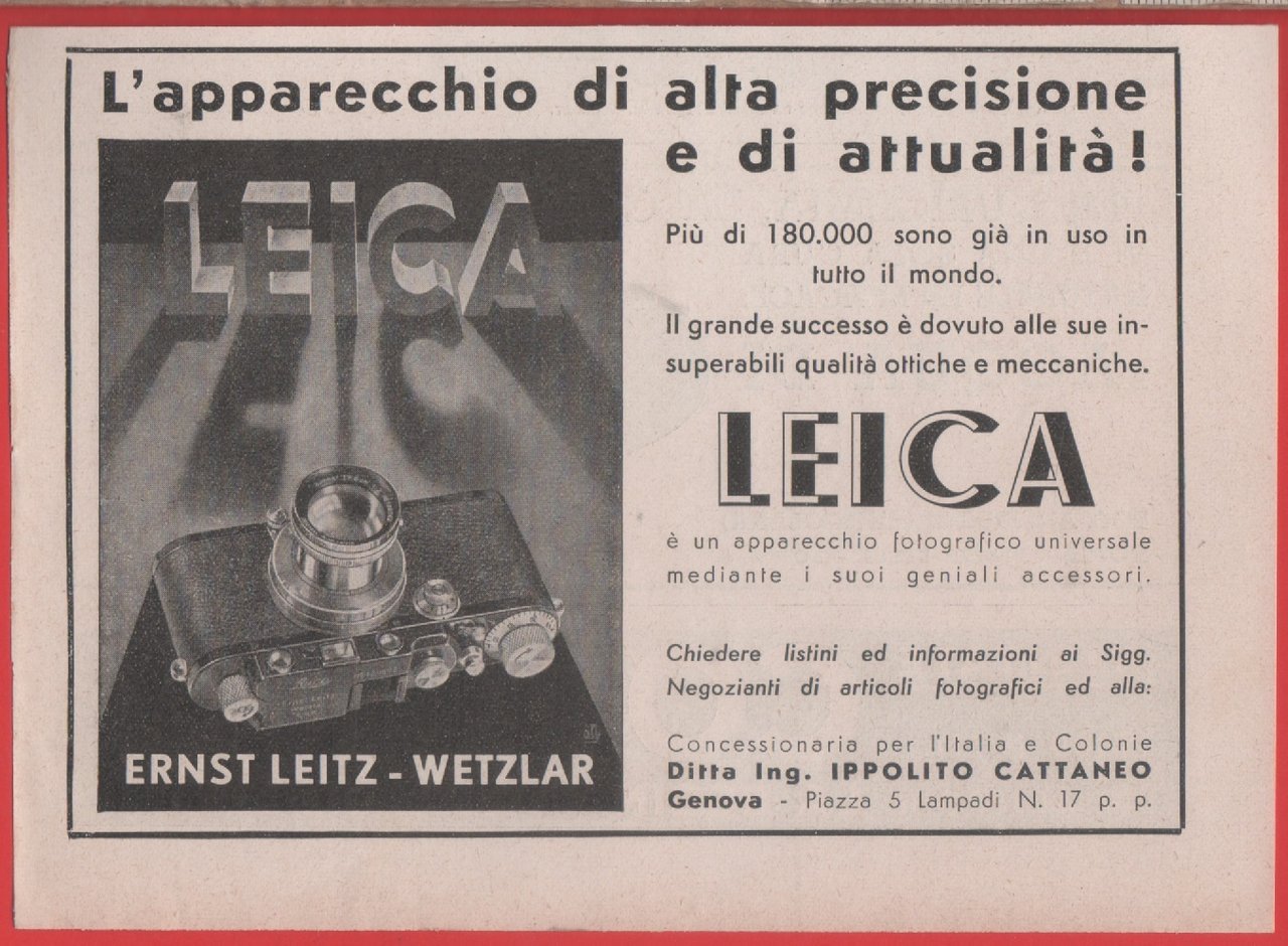 Leica. L'apparecchio di alta precisione e di attualità. Advertising 1937
