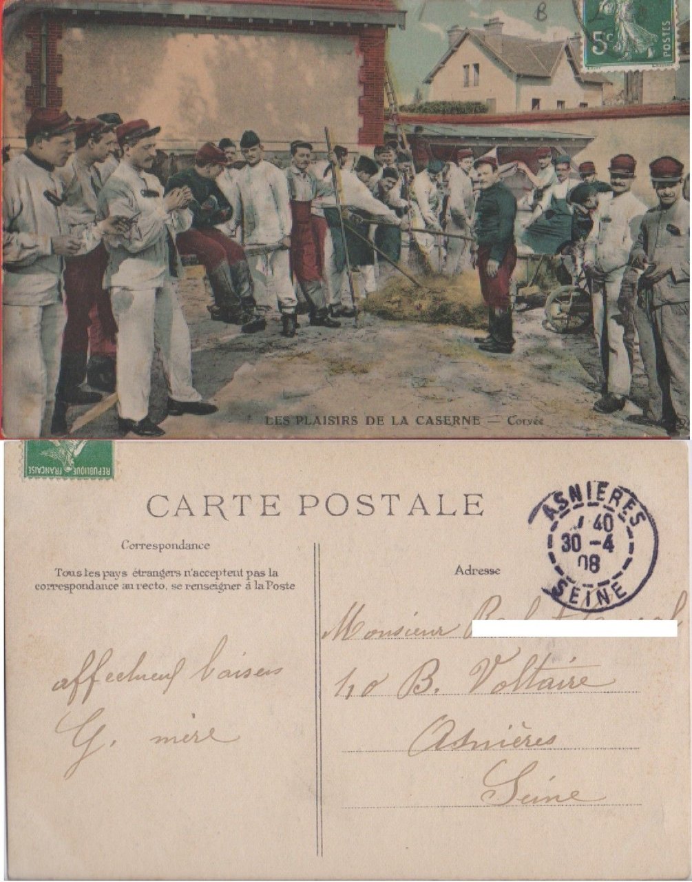 Les plaisirsde la caserne. La corvée. Viaggiata 1908