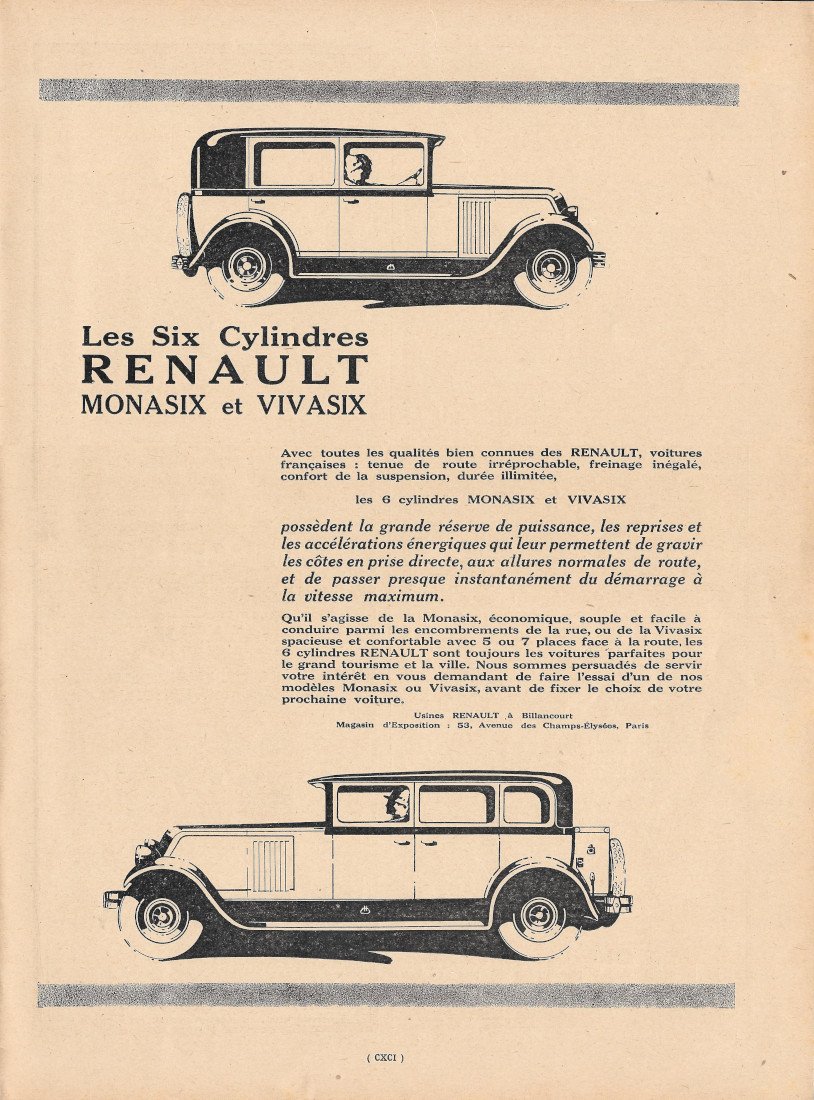 Les six cylindres RENAULT Monasix et Vivasix - Advertising 1928