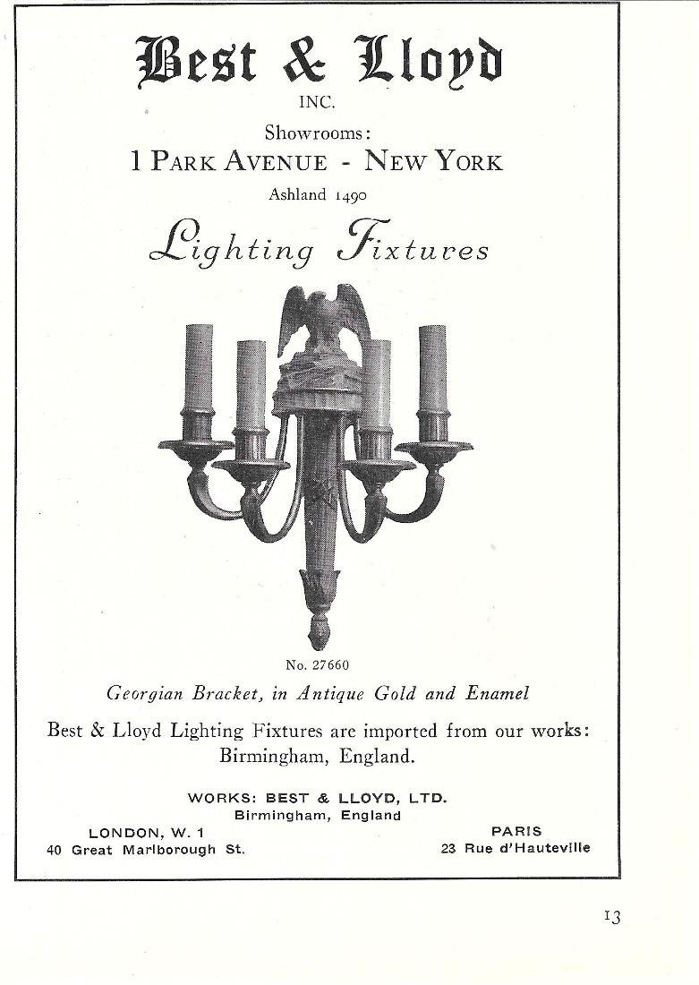 Lighting fixtures. Best &amp; Lloyd. New York. Pubblicita 1930