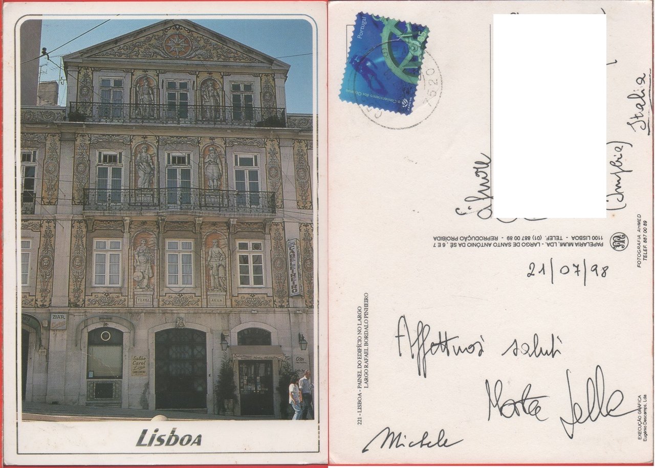 Lisboa. Painel do Edificio No Largo. Viaggiata 1998