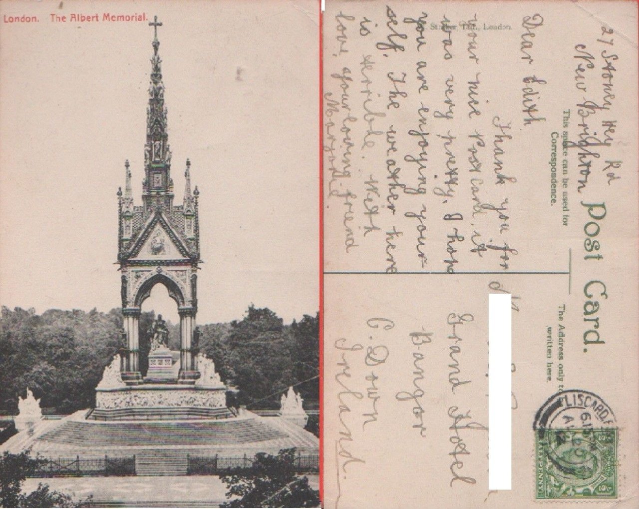 London. The Albert Memorial. Viaggiata 1912