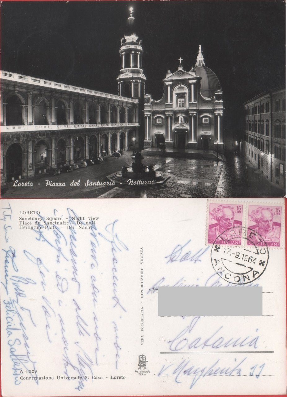 Loreto. Piazza del Santuario. Notturno. Viaggiata 1964