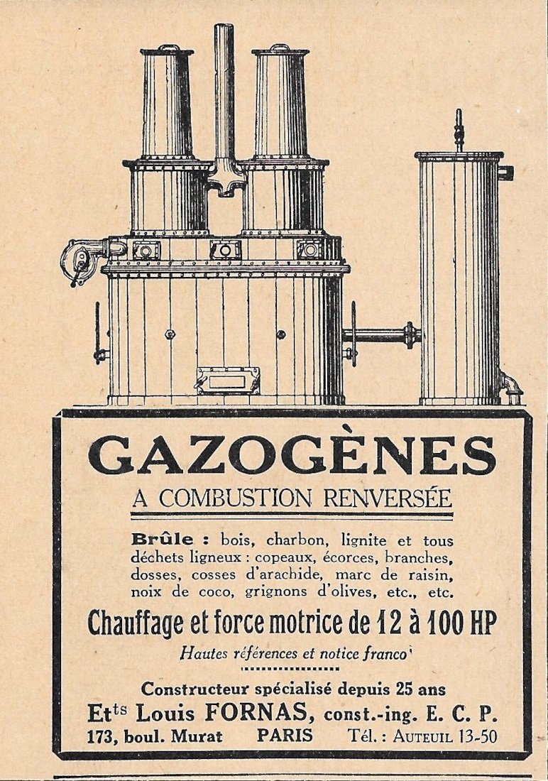 Louis Fornas. Gazogènes a combustion renversée - Advertising 1928