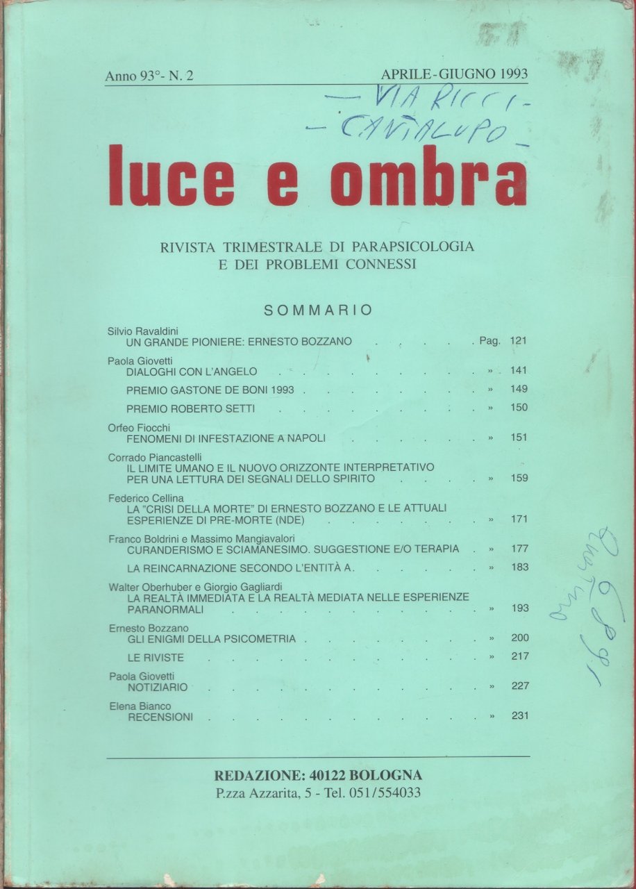 Luce e ombra. Rivista di parapsicologia. Anno 93, n. 2 …