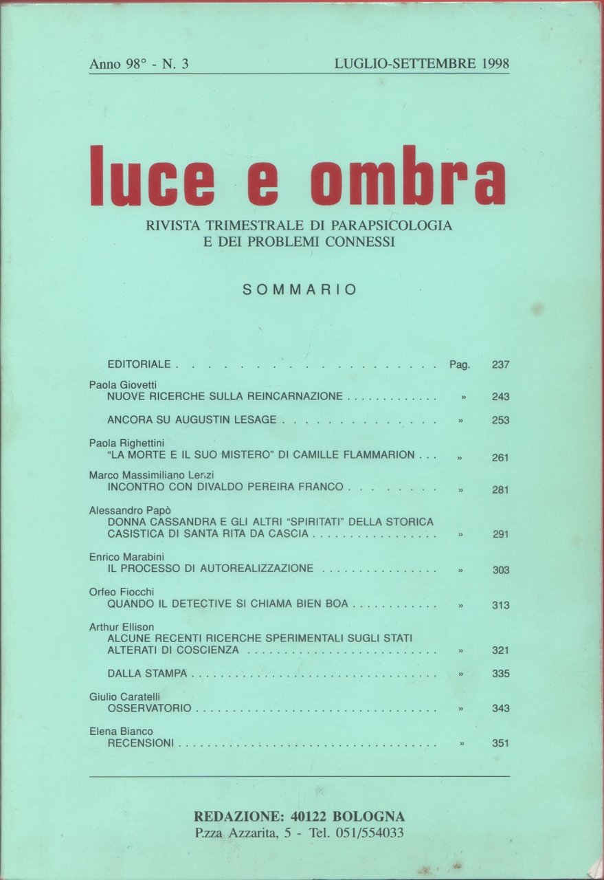 Luce e ombra. Rivista di parapsicologia. Anno 98, n. 3 …