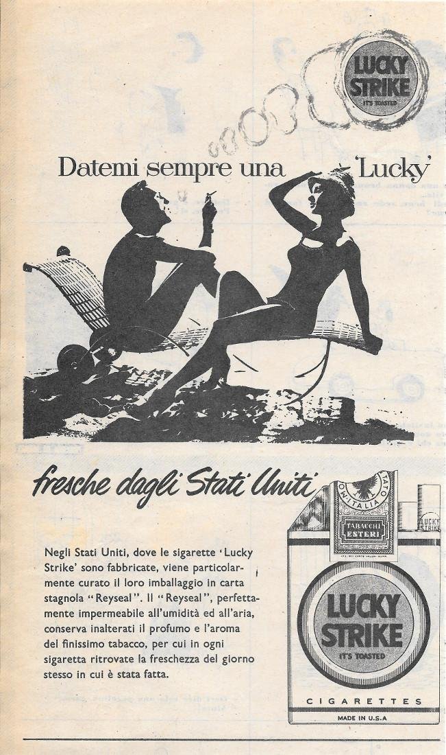 Lucky Strike fresche dagli Stati Uniti. Advertising 1956