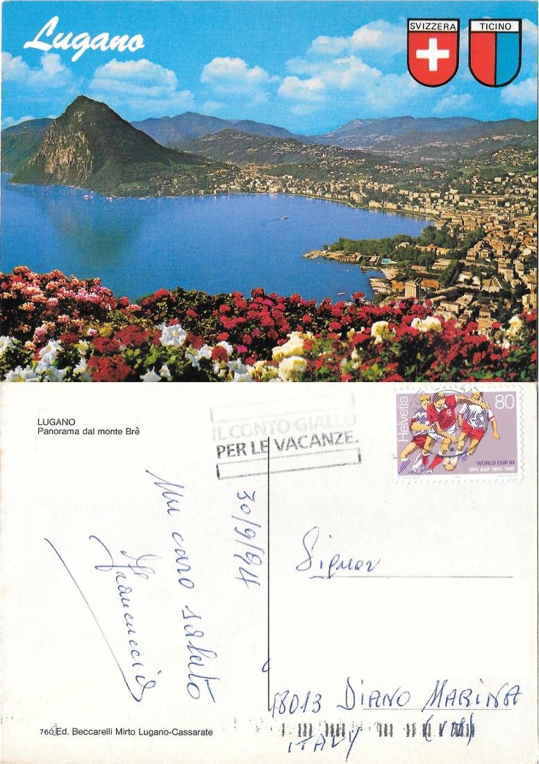 Lugano. Panorama dal monte Bré. Viaggiata 1994