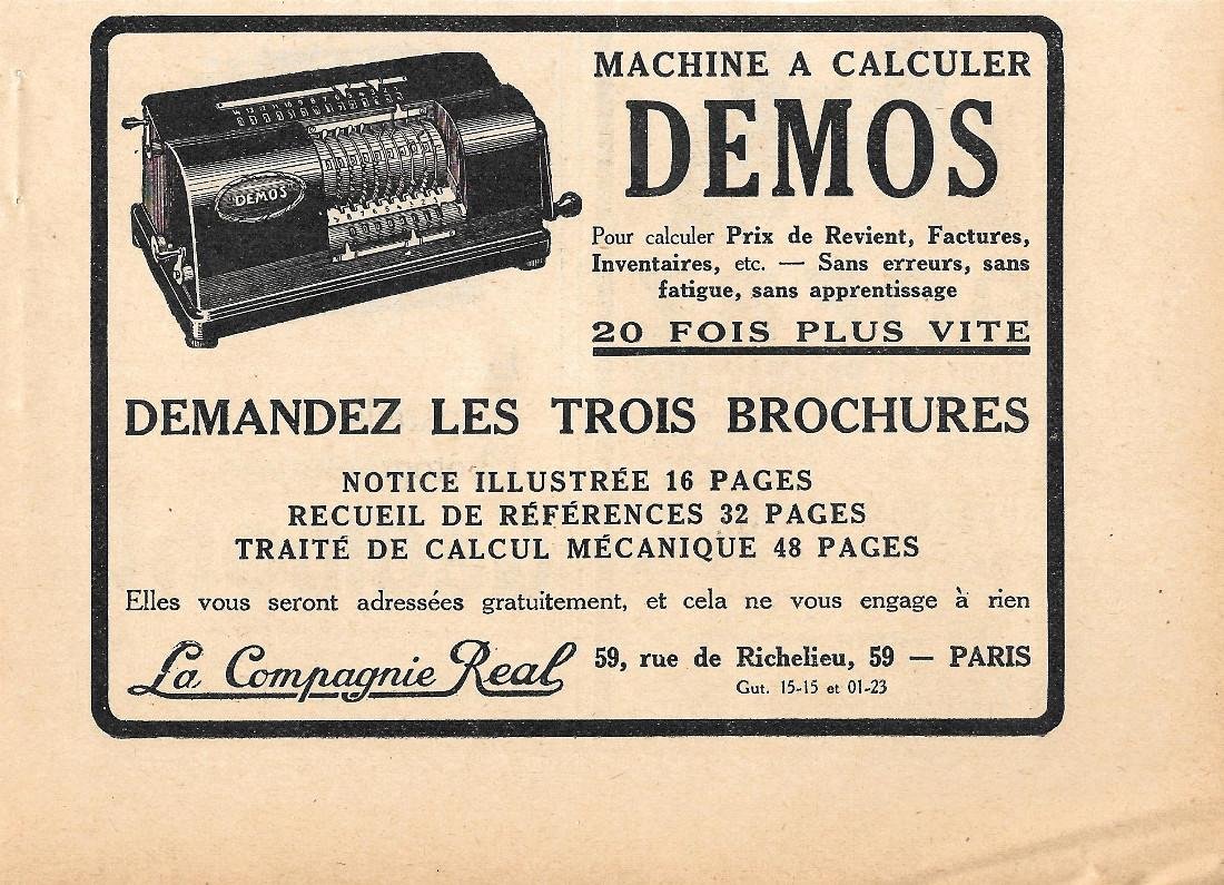 Machine a calculer Demos. La compagnie Real Paris. Pubblicita 1926