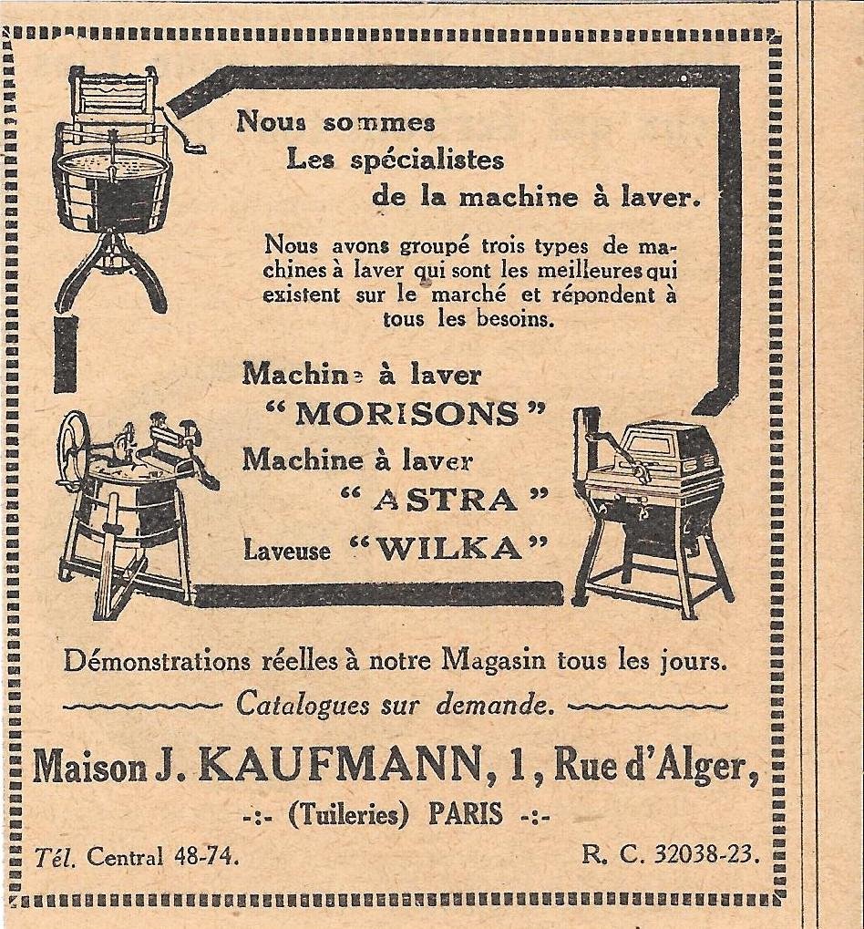 Machine a laver Morisons, Astra, Wilka. J.Kaufmann Paris. Advertising 1926 | Immagine principale