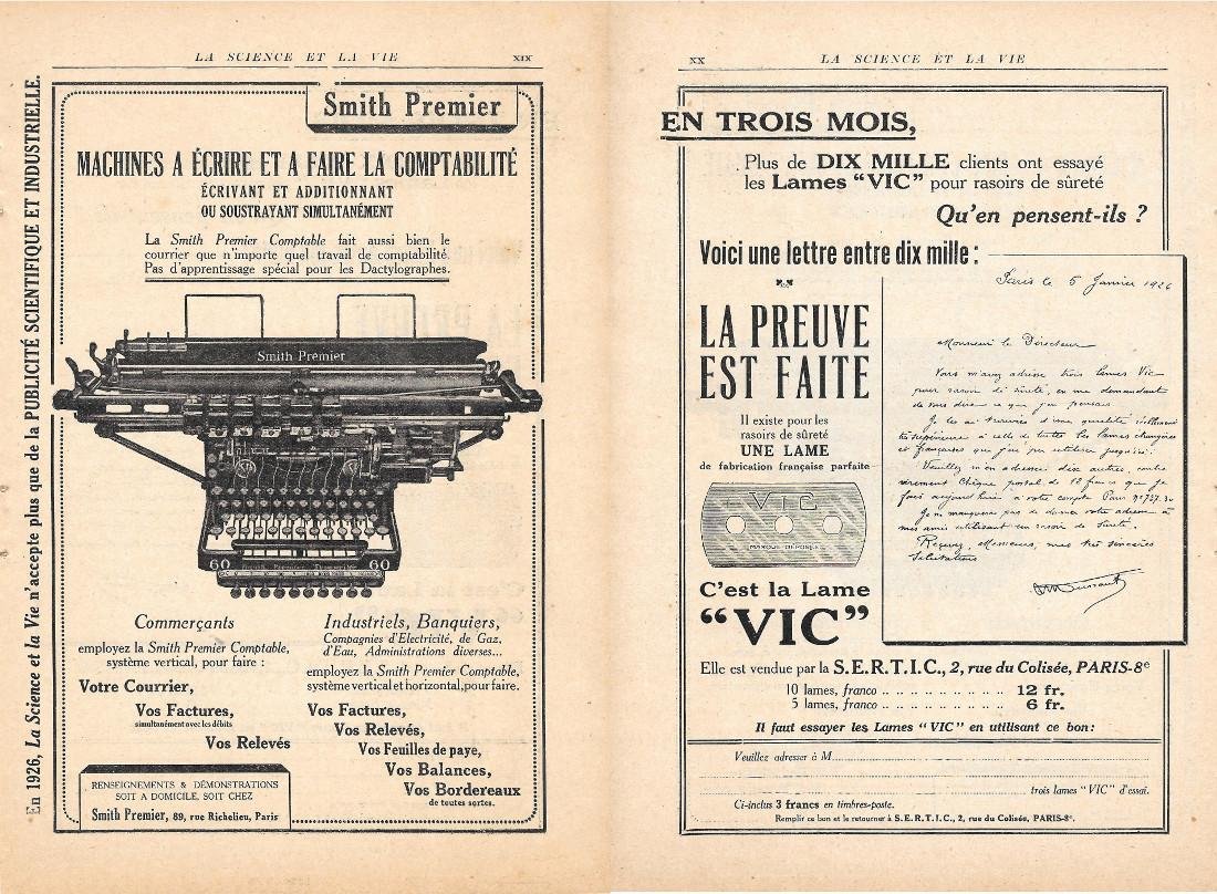 Machines a ecrire Smith Premier / Lame VIC. Pubblicità 1926 …