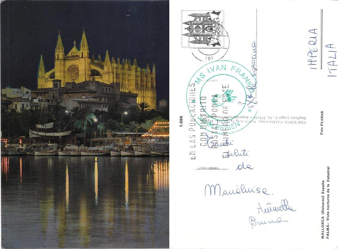 Maiorca. Vista notturna della Cattedrale . Viaggiata 1985. Timbro nave …