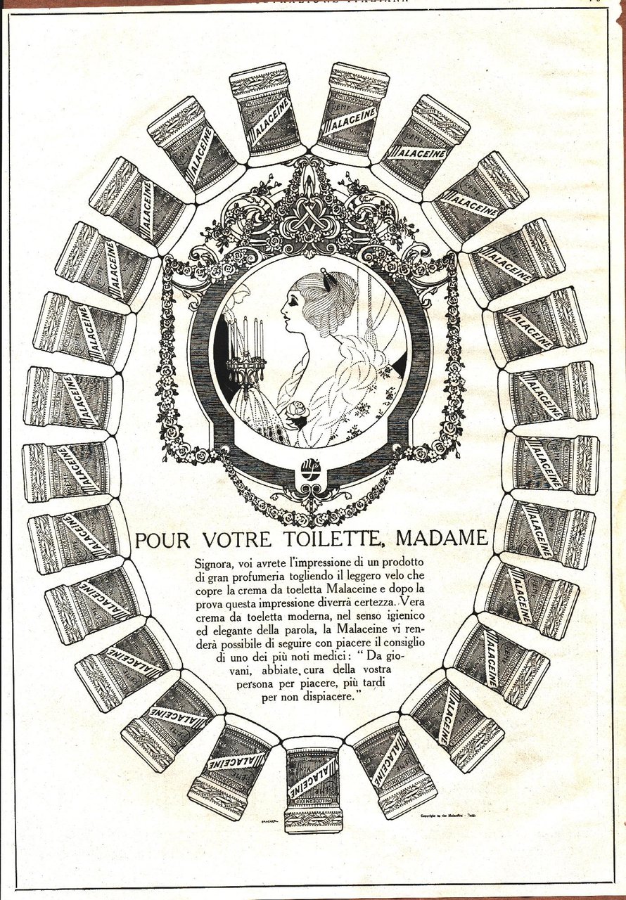 Malaceine. Pour votre toilette, madame. Advertising 1920