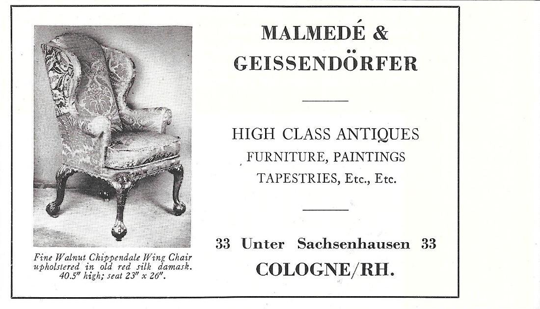 Malmedé &amp; Gaissendorfer, Cologne. Hight class antiques. Pubblicita 1930