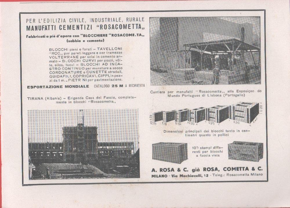 Manufatti cementizi Rosacometta. Pubblicità 1940