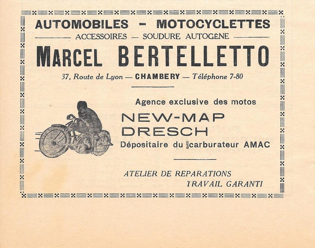 Marcel Berteletto, Chambery. Motos New-Map, Dresch. Pubblicita 1932