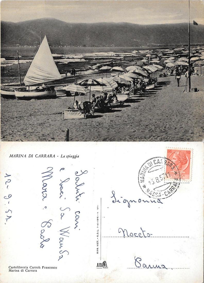 Marina di Carrara. La spiaggia. Viaggiata 1957