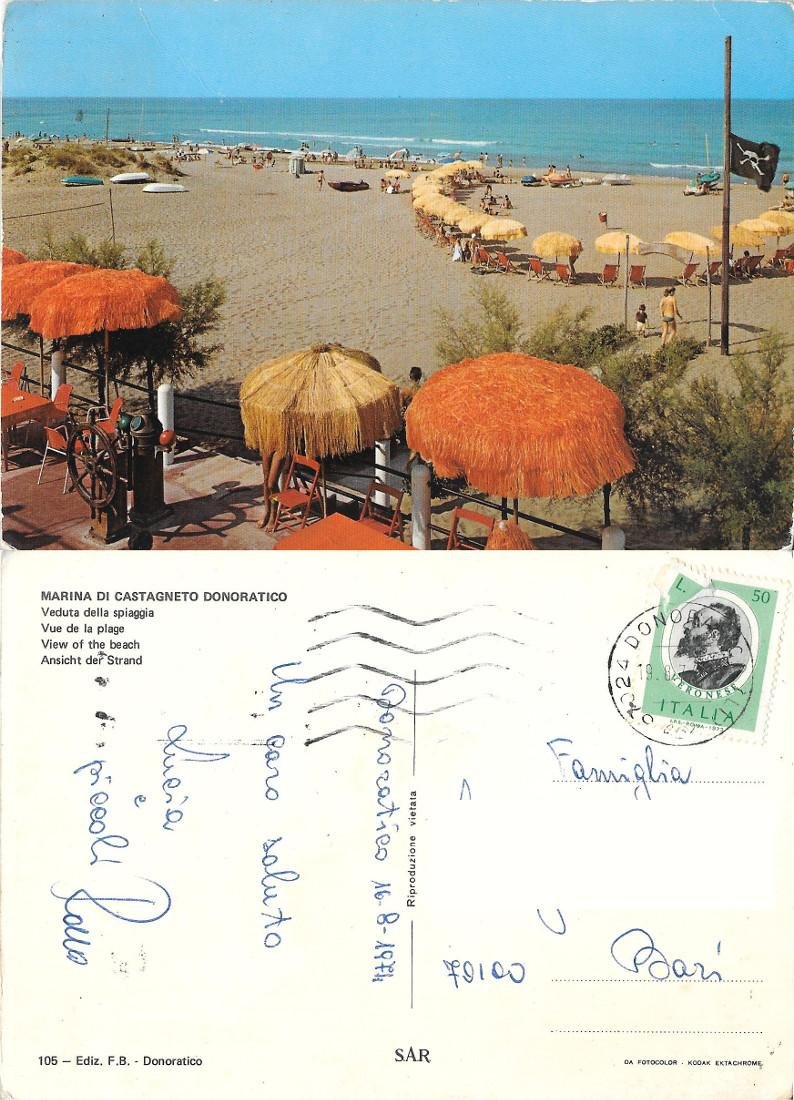 Marina di Castagneto Donoratico. Veduta della spiaggia. Viaggiata 1974