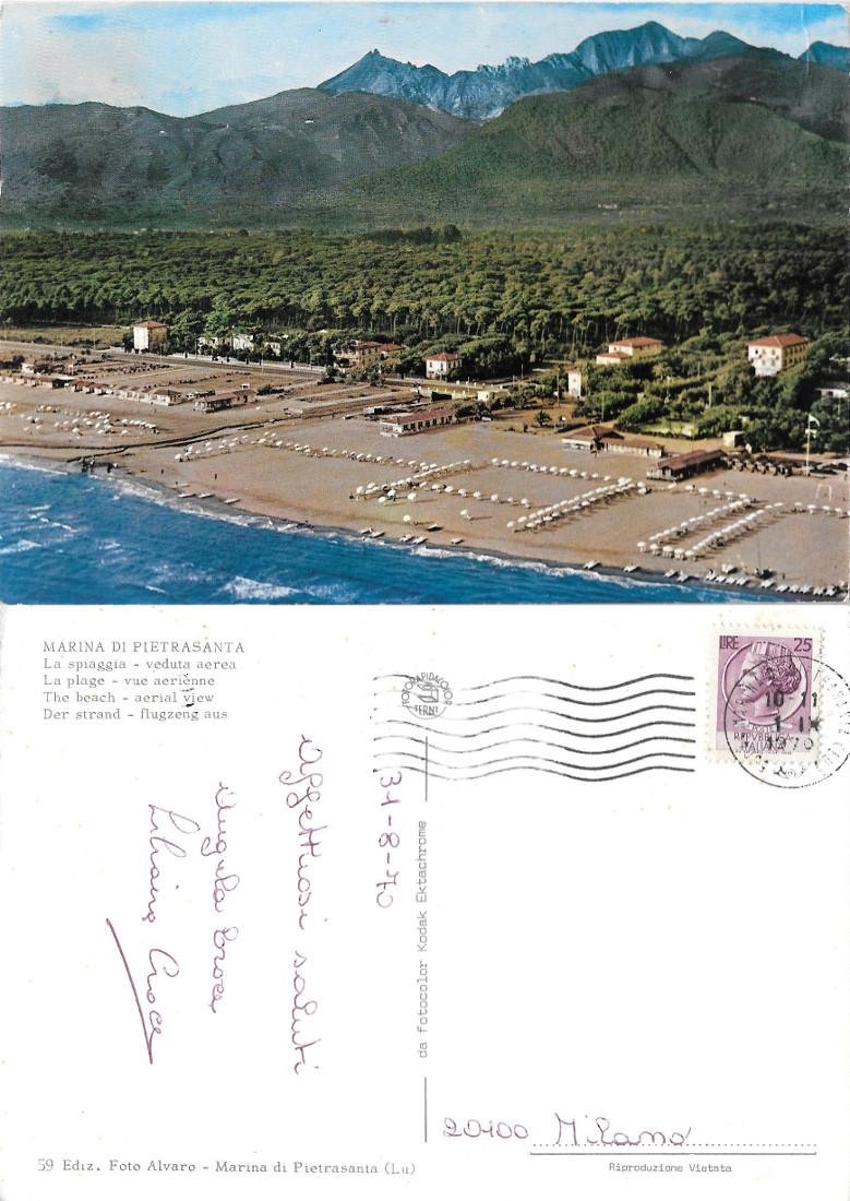 Marina di Pietrasanta. La spiaggia. Veduta aerea. Viaggiata 1970