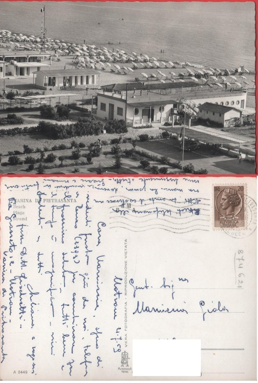 Marina di Pietrasanta. Spiaggia. Viaggiata 1959